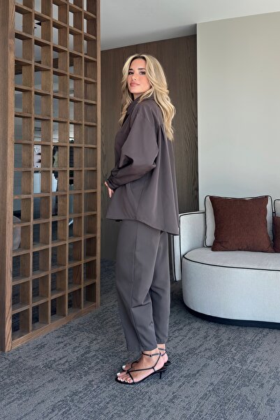 Laluvia Brown Merlin Belted Shirt Pants Set - 8453