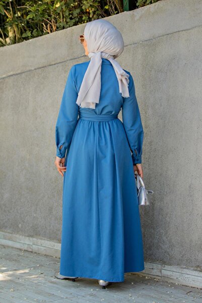 Tesettür Çarşım Qua Pamuk Cotton Bağlamalı Elbise-Mavi