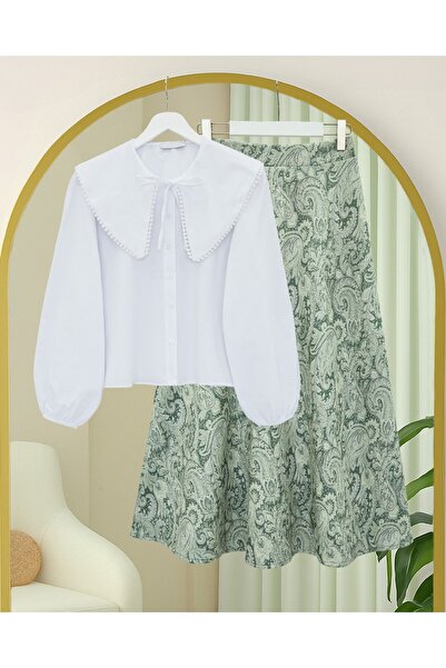 Modamorfo Elastic Waist Ethnic Pattern Flared Skirt - Green