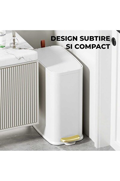 Elindor ® Waste Bin, Slim, Metallic, Compact, 10 Liters, White