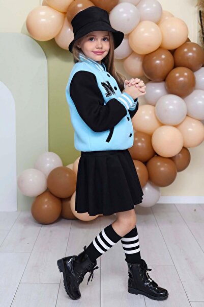 Riccotarz Girl's Button Detailed Cotton Blue College Jacket Velvet Skirt Set