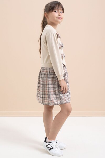 Cansın Mini Beige Girl's Plaid Skirt Dress with Bow Detail 21535
