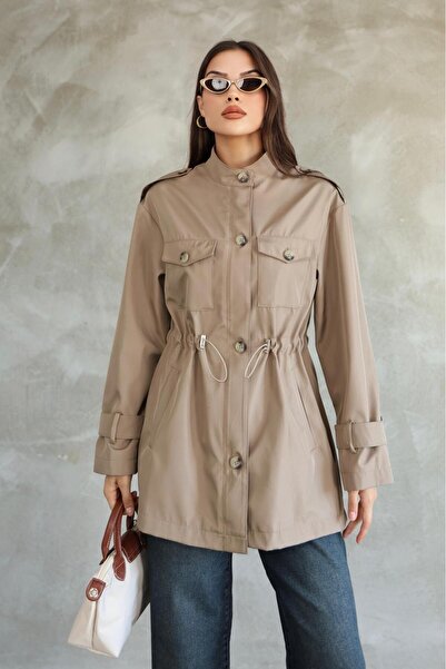Hazel Kadın Vizon Beli Büzgülü Kısa Trençkot