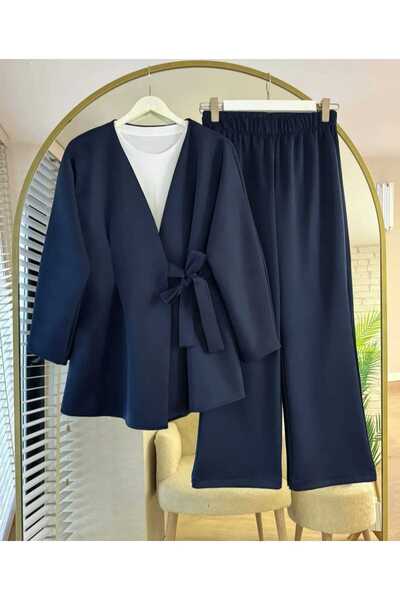 lillia kids طقم مكون من كيمونو بحزام مزدوج من القماش وبنطلون واسع الساق