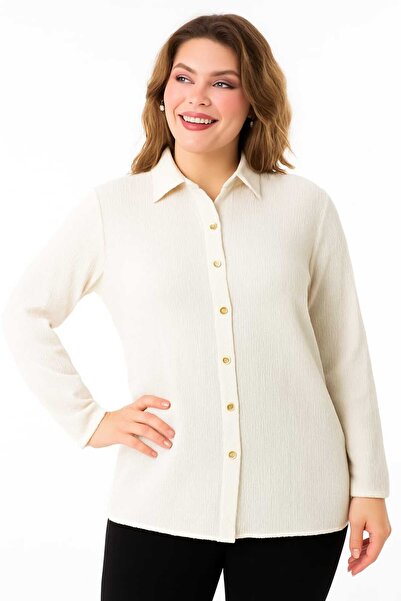 Şans Women's Plus Size Ecru, Wrinkled Fabric, Sleeve and Hem Baby Overlock Detailed Shirt 65N39134