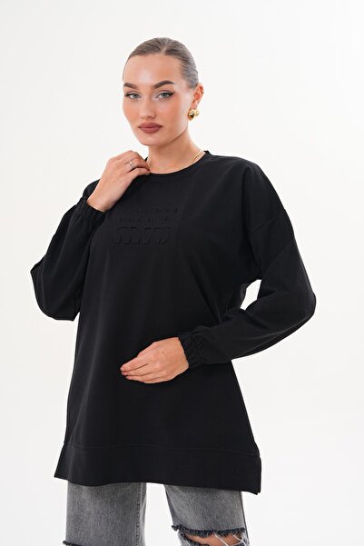 WestBound Black Mi̇u Embossed Print Crew Neck Hijab Sweatshirt Tunic 712