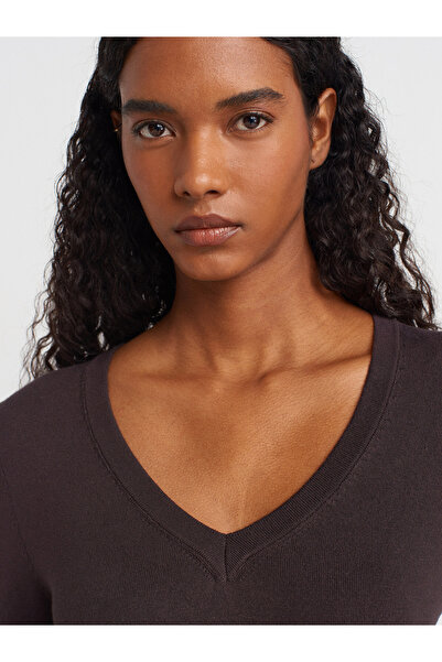 Dilvin 10427 V-Neck Sleeve Slit Sweater-Dark Brown