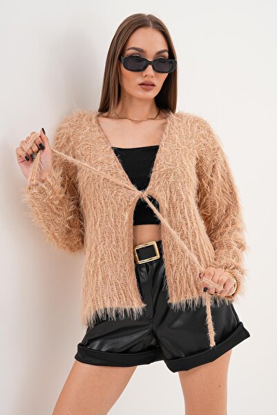 ŞİMAL Kadın Tüy Detaylı Önden Bağlamalı Triko Hırka 255089 -