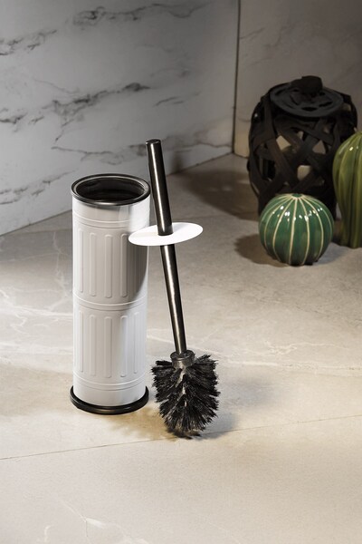 Sas Haus Vintage White Wc Toilet Brush – Stand with Metal Closed Bowl, (8.5 X 36 cm) Ergonomic Handle, Hygienic