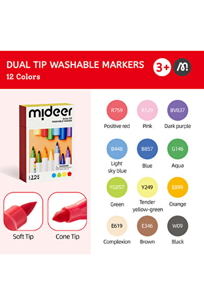Mideer أقلام تحديد قابلة للغسل بطرفين - 12 لونًا