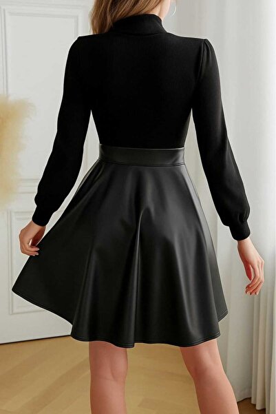 Kokosh moda Kadın Balıkçı Yaka Üst Kaşkorse Alt Deri Detaylı Mini Elbise