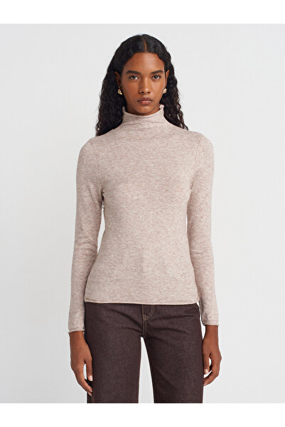 Dilvin 10714 Πλεκτό πουλόβερ με ψηλό γιακά, μαλακό, λεπτής υφής, μάλλινο-μινκ M.