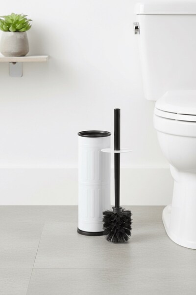 Sas Haus Vintage White Wc Toilet Brush – Stand with Metal Closed Bowl, (8.5 X 36 cm) Ergonomic Handle, Hygienic