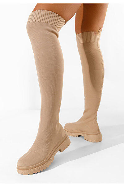 B T Shoes Khaki vysoké kozačky na plochém podpatku Oluvera V2