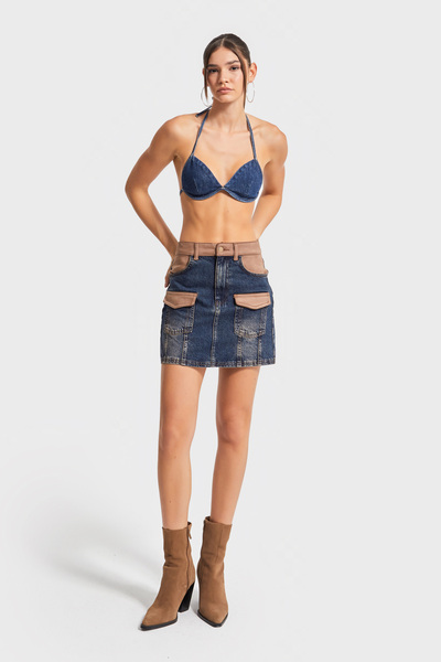 its basic Kadın T.Kot Rengi 2w5-8 Süet Parçalı Önden Cepli 41cm Özel Tasarım Denim Etek