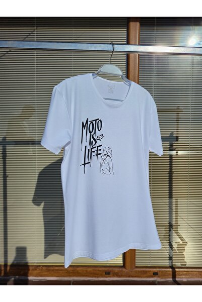 Hmd Men's White Moto Is Life Motorcyclist Printed Cotton Crew Neck T-Shirt