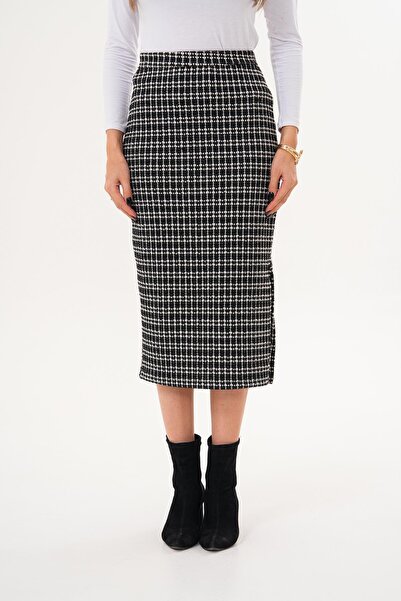 ŞİMAL Kadın Ekoseli Yırtmaç Detaylı Uzun Etek 255296 -