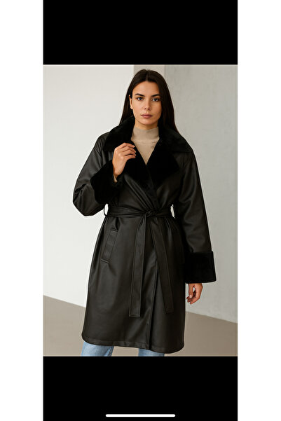 BLESSİNGTR Women's Leather Trench Coat with Fur Collar and Sleeves