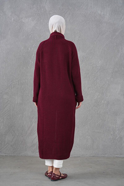 4S1B FASHION Burgundy Knitwear Fabric Double Pocket Shawl Collar Long Hijab Clothing Cardigan 5001