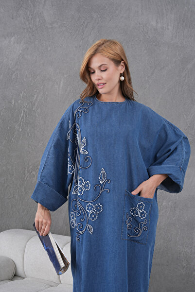 Miss Allos Rochie lungă de denim pentru femei, cu paiete și broderie cu perle...
