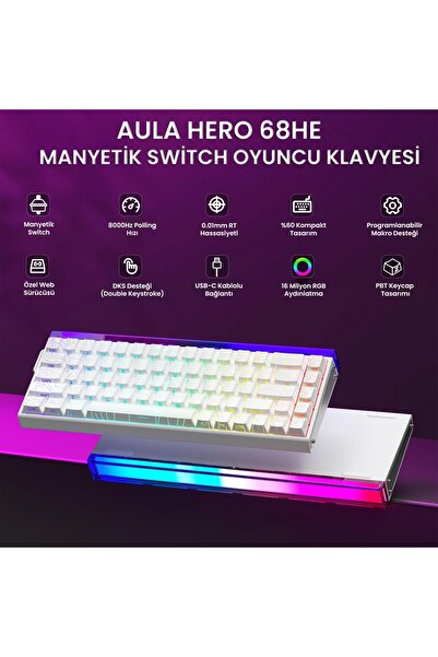 Aula Hero 68 He Manyetik Klavye Rapid Trigger Black King Switch 8000Hz RGB Neon TKL Hot Swap Oyuncu