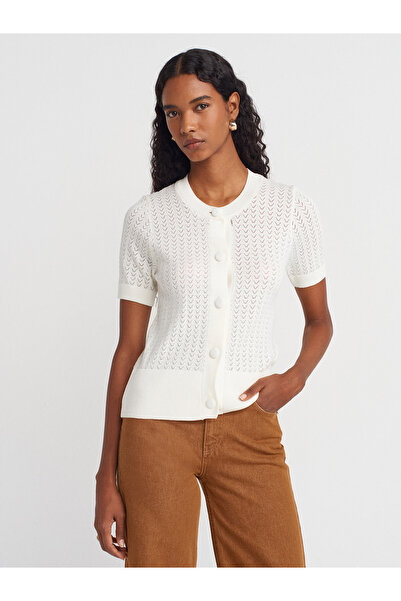 Dilvin 60974 Crew Neck Openwork Buttoned Knitwear Cardigan-Ecru