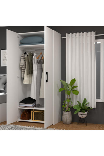 MOBİLİQUE Retro-7 Askılı 2 Raflı 2 Kapaklı Gardırop Beyaz