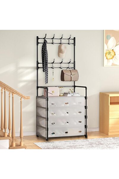 ZeeSquare COOLBABY 5-Tier Coat and Shoe Rack with Dust Cover, 8 Hooks (Black)