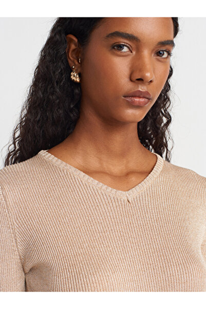 Dilvin 10803 V-Neck Glitter Knit Sweater-Beige