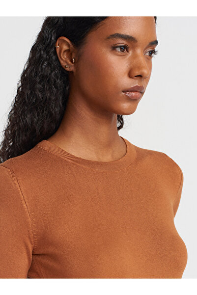 Dilvin 1267 Crew Neck Mid-Sleeve Sweater-Caramel