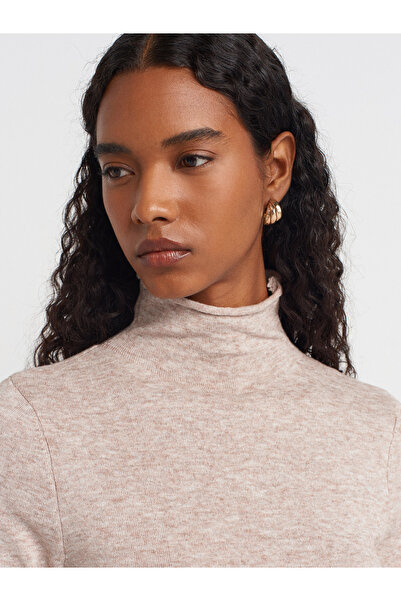 Dilvin 10714 Πλεκτό πουλόβερ με ψηλό γιακά, μαλακό, λεπτής υφής, μάλλινο-μινκ M.