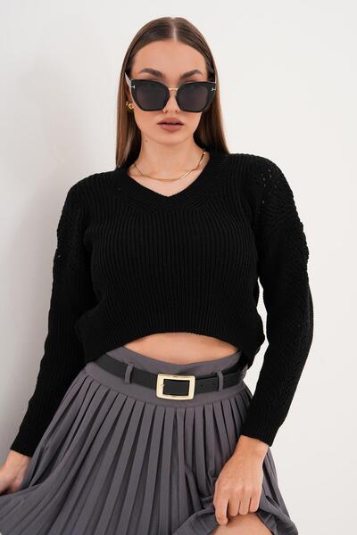ŞİMAL Women's V-Neck Sleeves Patterned Knitwear Knitted Sweater 255111 -