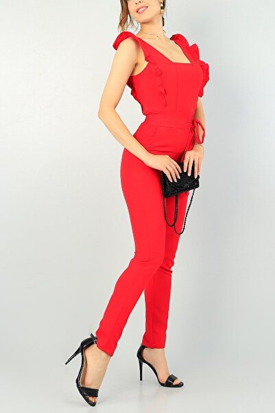 lovebox Crepe Fabric Square Collar Piece Red Evening Dress Jumpsuit Emr-106
