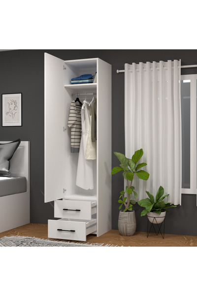 MOBİLİQUE Retro-5 İki Çekmeceli Raflı ve Askılı Tek Kapaklı Gardırop Beyaz