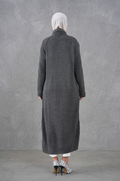 4S1B FASHION Anthracite Knitwear Fabric Double Pocket Shawl Collar Long Hijab Clothing Cardigan 5001