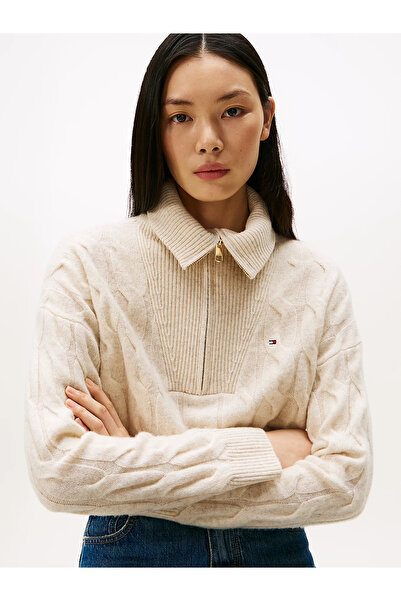 Tommy Hilfiger Yumuşak Yün Saç Örgülü Yarım Fermuarlı Uzun Kollu Kadın Kazak WW0WW46425ADK