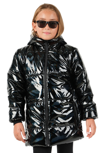 Merdia Dívčí nepromokavý a větruodolný kabát s kožešinovou podšívkou a kapucí, lesklá černá