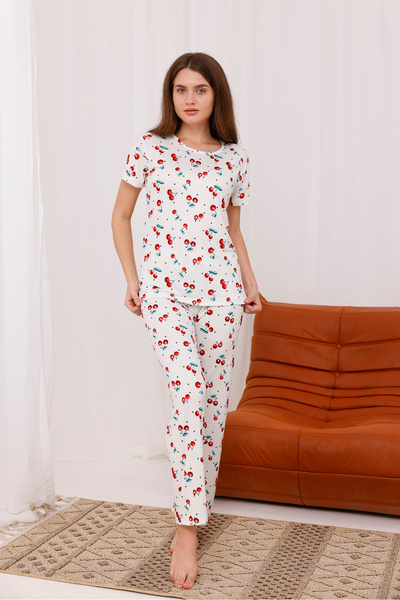 Arvin Pijama Γυναικείο σετ πιτζάμες με κοντό μανίκι με μαλακή υφή με στάμπα κερασιού