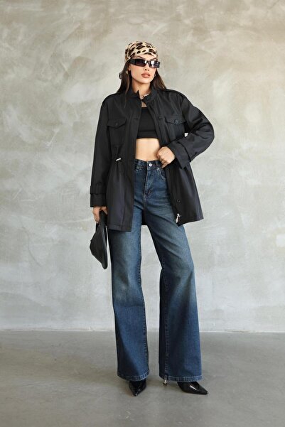 Hazel Trench scurt negru pentru femei, cu talie adunată