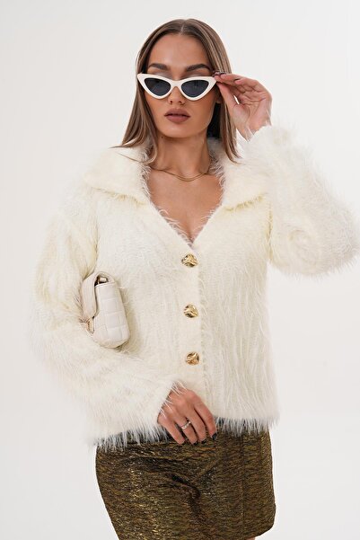 ŞİMAL Γυναικείο πλεκτό μπουφάν με λεπτομέρεια από πούπουλο και κλείσιμο με κουμπιά 255088 -