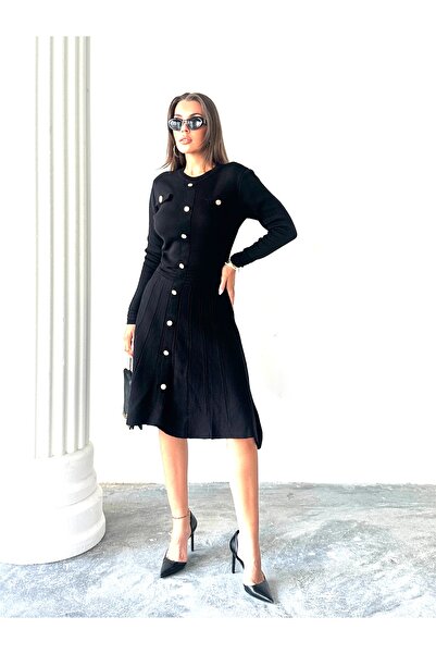 Lusin Women's Black Stylish Gold Button Detailed Elegant Long Sleeve Knitwear Dress