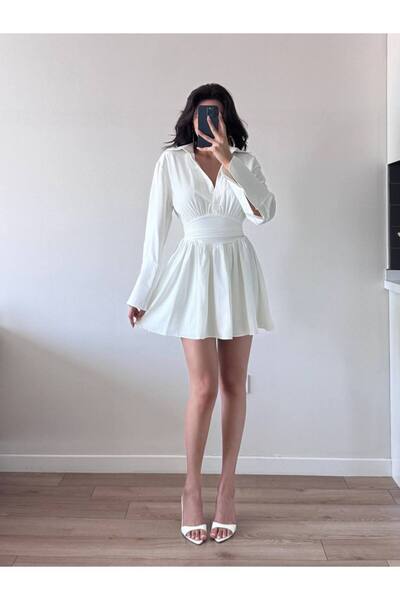 LOCH BUTİK Rochie mini cămașă albă pentru femei, cu talie în formă de corset, cu decolteu în V