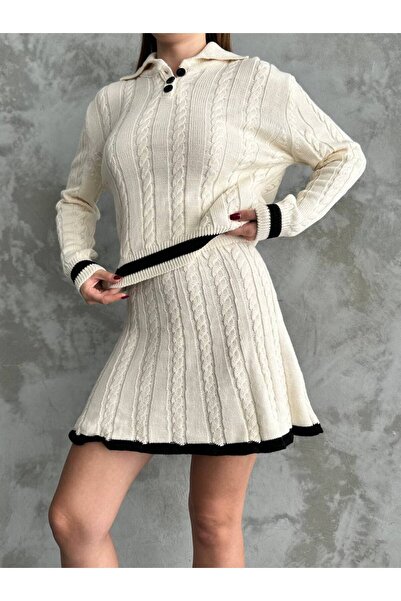 ZF BUTİK Γυναικείο Σετ Πλεκτό με Κουμπιά Πόλο Λαιμόκοψη και Φούστα
