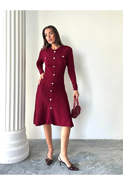 Lusin Kadın Bordo Şık Gold Düğme Detaylı Zarif Uzun Kol Triko Elbise