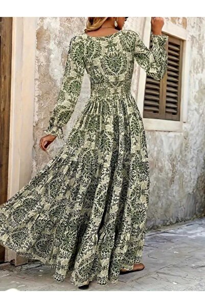 JANES Women's V-Neck Long Sleeve Patterned Single Jersey Dress