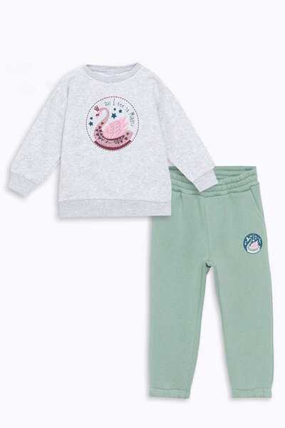 Mışıl Kids Green Crew Neck Printed Baby Girl Tracksuit Set