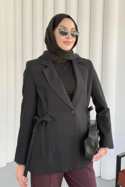 Modaensarbutik Kruvaze Yaka Yandan Bağcıklı Ceket-SİYAH