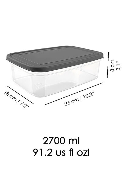 Meleni Home 1 Piece Rectangular Food Storage Container - Microwave Safe Organizer 2700 ml Gray
