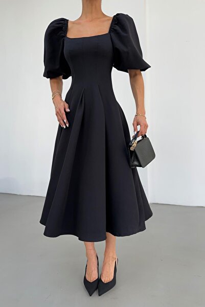 mylove Tulle Sleeve Midi Dress Black