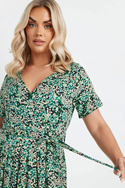 Şans Γυναικείο μακρύ φόρεμα μεγάλου μεγέθους πράσινο, με γιακά που αγκαλιάζει τον αυτούς, με σχέδιο βισκόζης 65N39135